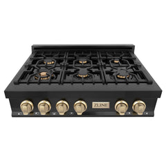 ZLINE Autograph Edition 36 Inch Porcelain Rangetop with 6 Gas Burners in Black Stainless Steel and Gold Accents, RTBZ-36-G