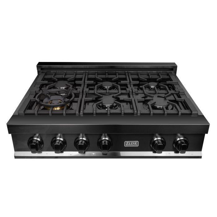 ZLINE 36 in. Rangetop with 6 Gas Brass Burners in Black Stainless Steel, RTB-BR-36