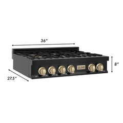 ZLINE Autograph Edition 36 Inch Porcelain Rangetop with 6 Gas Burners in Black Stainless Steel and Gold Accents, RTBZ-36-G