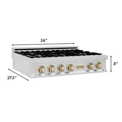 ZLINE Autograph Edition 36" Porcelain Rangetop with 6 Gas Burners in DuraSnow® Stainless Steel and Gold Accents, RTSZ-36-G