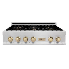 ZLINE Autograph Edition 36" Porcelain Rangetop with 6 Gas Burners in DuraSnow® Stainless Steel and Gold Accents, RTSZ-36-G