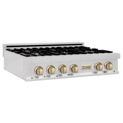 ZLINE Autograph Edition 36" Porcelain Rangetop with 6 Gas Burners in DuraSnow® Stainless Steel and Gold Accents, RTSZ-36-G