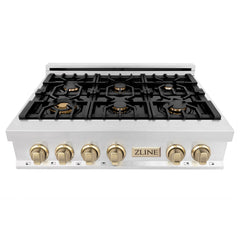 ZLINE Autograph Edition 36" Porcelain Rangetop with 6 Gas Burners in DuraSnow® Stainless Steel and Gold Accents, RTSZ-36-G