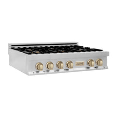 ZLINE Autograph Edition 36 in. Gas Rangetop in Stainless Steel and Gold Accents, RTZ-36-G