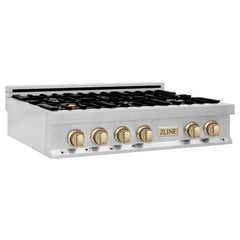 ZLINE Autograph Edition 36 in. Gas Rangetop in Stainless Steel and Gold Accents, RTZ-36-G