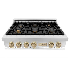 ZLINE Autograph Edition 36 in. Gas Rangetop in Stainless Steel and Gold Accents, RTZ-36-G