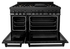 ZLINE Appliance Bundle - 48 in. Dual Fuel Range, Range Hood, Microwave Drawer, Refrigerator in Black Stainless, Bundle-4KPR-RABRH48-MW