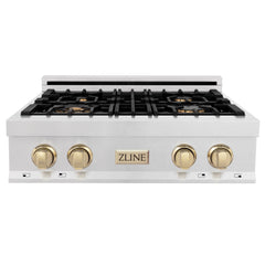 ZLINE Autograph Edition 30 in. Porcelain Rangetop with 4 Gas Burners in DuraSnow® Stainless Steel and Gold Accents, RTSZ-30-G