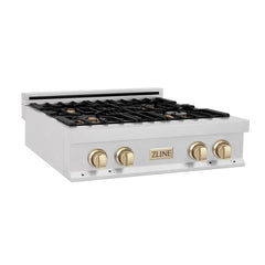 ZLINE Autograph Edition 30 in. Porcelain Rangetop with 4 Gas Burners in DuraSnow® Stainless Steel and Gold Accents, RTSZ-30-G