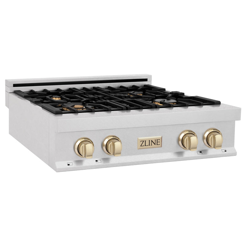 ZLINE Autograph Edition 30 in. Porcelain Rangetop with 4 Gas Burners in DuraSnow® Stainless Steel and Gold Accents, RTSZ-30-G