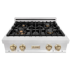 ZLINE Autograph Edition 30 in. Porcelain Rangetop with 4 Gas Burners in DuraSnow® Stainless Steel and Gold Accents, RTSZ-30-G