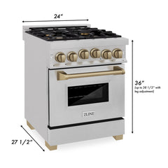 ZLINE Autograph Edition 24 in. Range with Gas Burner and Gas Oven in DuraSnow® Stainless Steel with Champagne Bronze Accents, RGSZ-SN-24-CB