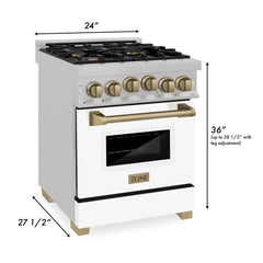 ZLINE Autograph Edition 24 in. Range with Gas Burner and Gas Oven in DuraSnow® Stainless Steel with White Matte Door and Gold Accents, RGSZ-WM-24-CB