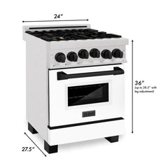 ZLINE Autograph Edition 24 in. Range with Gas Burner and Gas Oven in DuraSnow® Stainless Steel with White Matte Door and Matte Black Accents, RGSZ-WM-24-MB