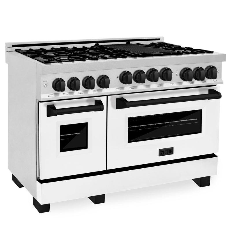 ZLINE Autograph Edition 48 in. Gas Range in DuraSnow® with White Matte Door and Matte Black Accents, RGSZ-WM-48-MB