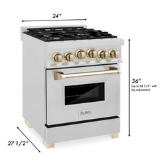 ZLINE Autograph Edition 24 in. Range with Gas Burner and Gas Oven in DuraSnow® Stainless Steel with Gold Accents, RGSZ-SN-24-G