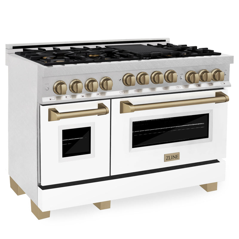 ZLINE Autograph Edition 48 in. Gas Range in DuraSnow® with White Matte Door and Champagne Bronze Accents, RGSZ-WM-48-CB