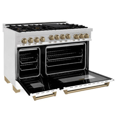 ZLINE Autograph Edition 48 in. Gas Range in DuraSnow® with White Matte Door and Champagne Bronze Accents, RGSZ-WM-48-CB