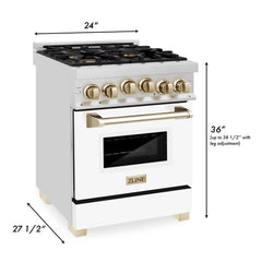 ZLINE Autograph Edition 24 in. Range with Gas Burner and Gas Oven in Stainless Steel with White Matte Door and Gold Accents, RGZ-WM-24-G