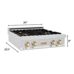 ZLINE Autograph Edition 30 in. Porcelain Rangetop with 4 Gas Burners in DuraSnow® Stainless Steel and Gold Accents, RTSZ-30-G