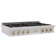 ZLINE Autograph Edition 48" Porcelain Rangetop with 7 Gas Burners in DuraSnow® Stainless Steel and Gold Accents, RTSZ-48-G