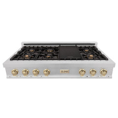 ZLINE Autograph Edition 48" Porcelain Rangetop with 7 Gas Burners in DuraSnow® Stainless Steel and Gold Accents, RTSZ-48-G