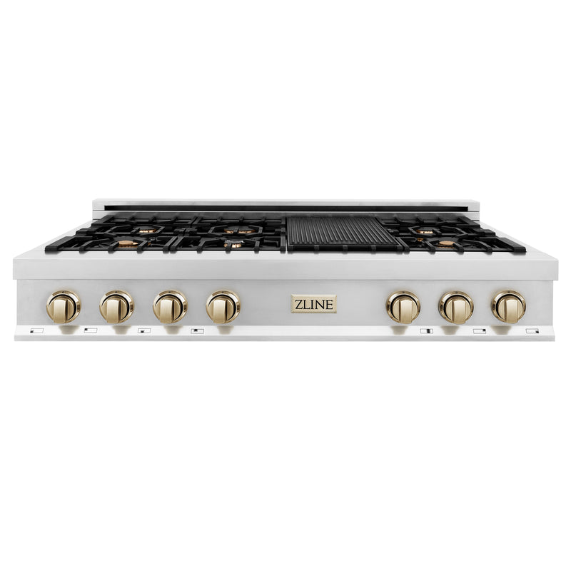 ZLINE Autograph Edition 48 in. Porcelain Rangetop with 7 Gas Burners in Stainless Steel and Gold Accents, RTZ-48-G