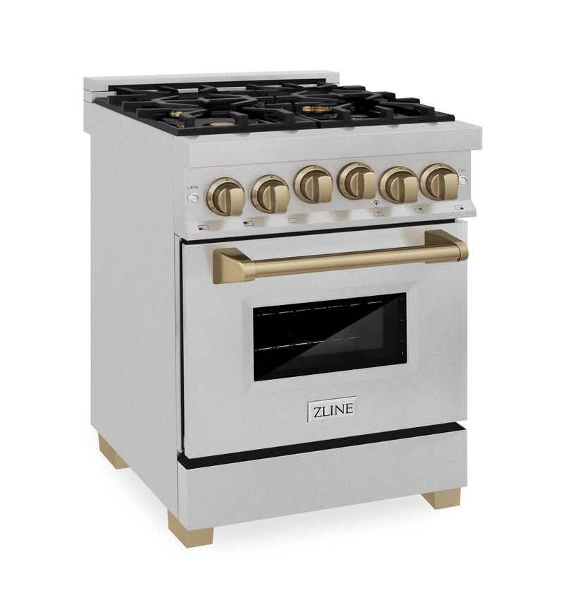 ZLINE Autograph Edition 24 in. Range with Gas Burner and Gas Oven in DuraSnow® Stainless Steel with Champagne Bronze Accents, RGSZ-SN-24-CB