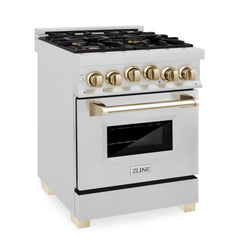 ZLINE Autograph Edition 24 in. Range with Gas Burner and Gas Oven in DuraSnow® Stainless Steel with Gold Accents, RGSZ-SN-24-G