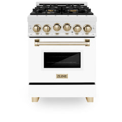 ZLINE Autograph Edition 24 in. Range with Gas Burner and Gas Oven in DuraSnow® Stainless Steel with White Matte Door and Gold Accents, RGSZ-WM-24-G