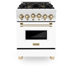 ZLINE Autograph Edition 24 in. Range with Gas Burner and Gas Oven in Stainless Steel with White Matte Door and Gold Accents, RGZ-WM-24-G