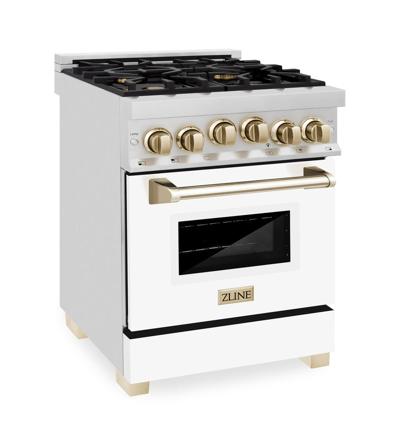 ZLINE Autograph Edition 24 in. Range with Gas Burner and Gas Oven in Stainless Steel with White Matte Door and Gold Accents, RGZ-WM-24-G