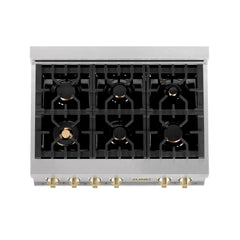 ZLINE Autograph Edition 36" Porcelain Rangetop with 6 Gas Burners in DuraSnow® Stainless Steel and Gold Accents, RTSZ-36-G