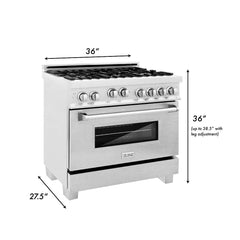 ZLINE 36 in. Kitchen Package with DuraSnow® Stainless Steel Gas Range, Ducted Range Hood and Dishwasher, 3KP-RGSRH36-DW