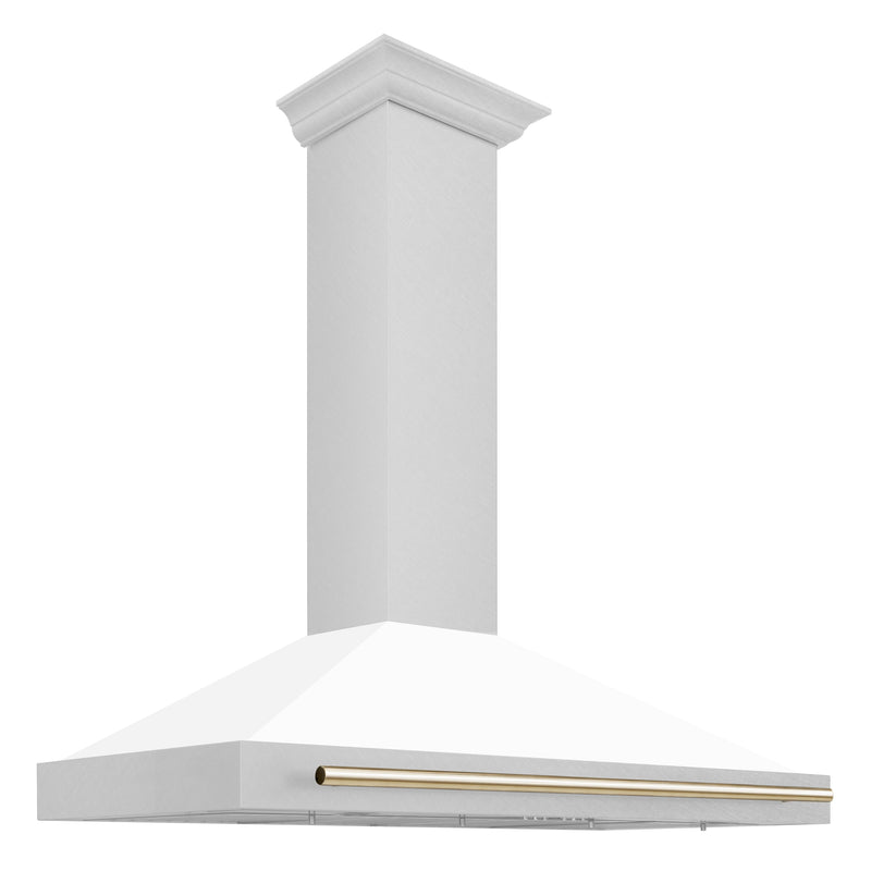 ZLINE 48 Inch Autograph Edition DuraSnow® Stainless Steel Range Hood with a White Matte Shell and Gold Handle, KB4SNZ-WM48-G