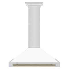 ZLINE 36 Inch Autograph Edition Stainless Steel Range Hood with a Matte White Shell and Gold Handle, KB4STZ-WM36-G