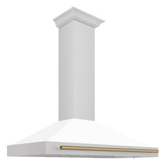 ZLINE 48 Inch Autograph Edition DuraSnow® Stainless Steel Range Hood witha White Matte Shell and Champagne Bronze Handle, KB4SNZ-WM48-CB