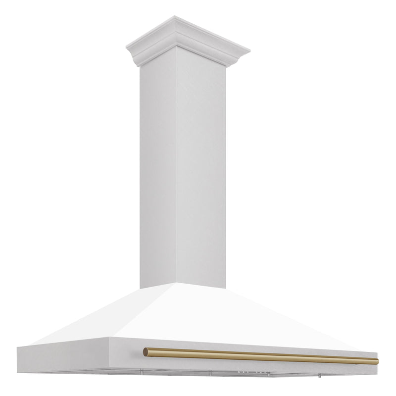 ZLINE 48 Inch Autograph Edition DuraSnow® Stainless Steel Range Hood witha White Matte Shell and Champagne Bronze Handle, KB4SNZ-WM48-CB