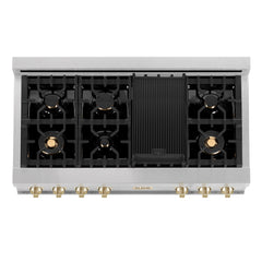 ZLINE Autograph Edition 48" Porcelain Rangetop with 7 Gas Burners in DuraSnow® Stainless Steel and Gold Accents, RTSZ-48-G