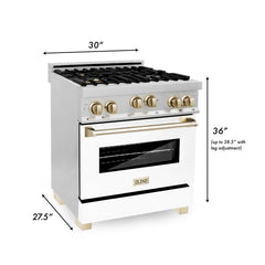 ZLINE Autograph Edition 30 in. 4.0 cu. ft. Range with Gas Burner/Gas Oven with White Matte Door and Gold Accents, RGZ-WM-30-G