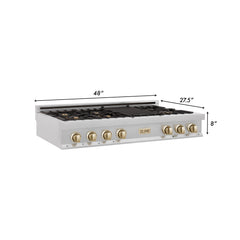 ZLINE Autograph Edition 48" Porcelain Rangetop with 7 Gas Burners in DuraSnow® Stainless Steel and Gold Accents, RTSZ-48-G