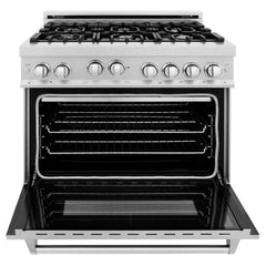 ZLINE 36 in. Kitchen Package with DuraSnow® Stainless Steel Gas Range, Ducted Range Hood and Dishwasher, 3KP-RGSRH36-DW