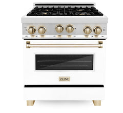 ZLINE Autograph Edition 30 in. 4.0 cu. ft. Range with Gas Burner/Gas Oven with White Matte Door and Gold Accents, RGZ-WM-30-G