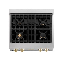 ZLINE Autograph Edition 30 in. Porcelain Rangetop with 4 Gas Burners in DuraSnow® Stainless Steel and Gold Accents, RTSZ-30-G