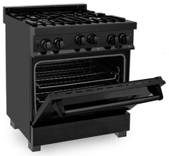 ZLINE Appliance Package - 30 in. Gas Range, Range Hood, and Microwave Oven in Black Stainless Steel, 3KP-RBGRH30-MO