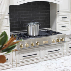 ZLINE Autograph Edition 48" Porcelain Rangetop with 7 Gas Burners in DuraSnow® Stainless Steel and Gold Accents, RTSZ-48-G